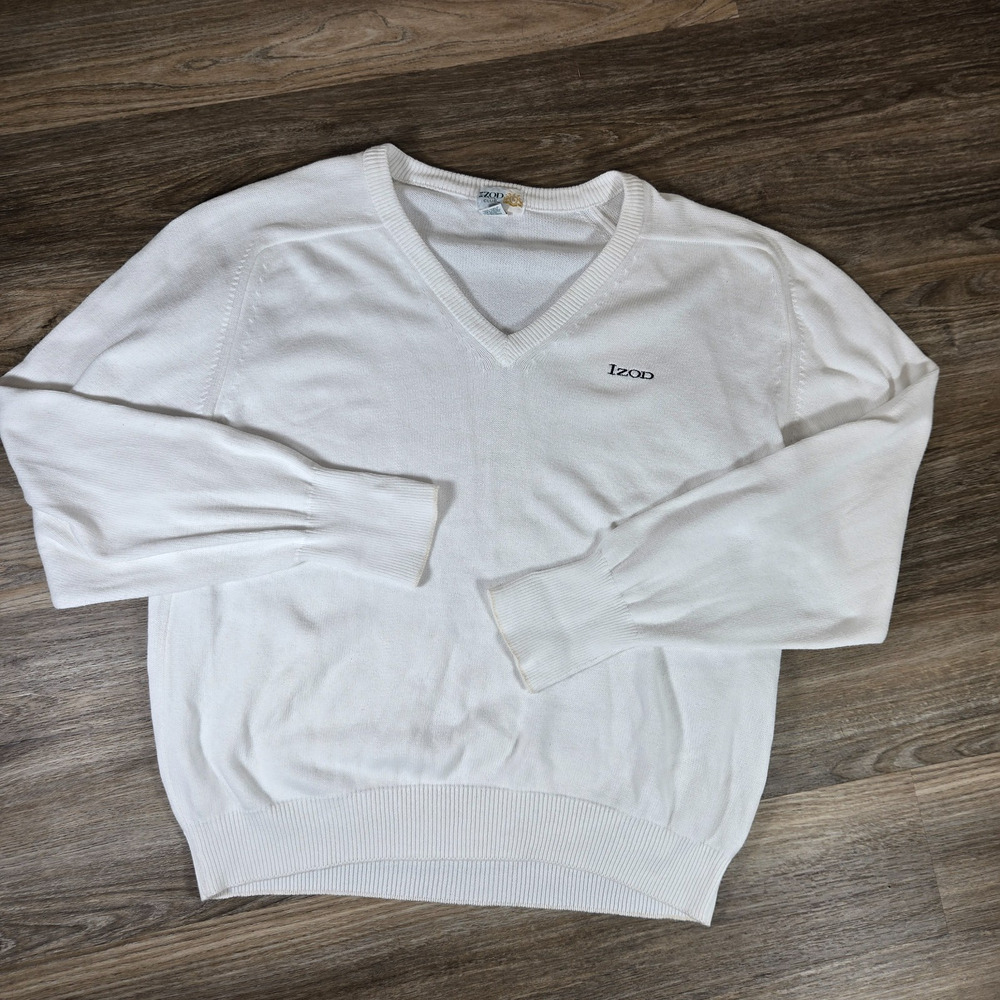 Vintage 90s IZOD Club Sweater Mens XL White V Neck Egyptian Cotton USA Made Knit